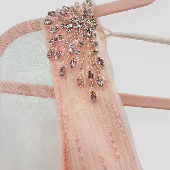 Mac Duggal NEW Tulle Sheer Long Sleeve Cut Out Lace Up A-line Gown Blush Size 6 - Picture 8 of 16